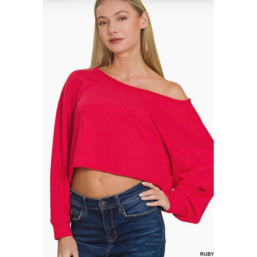Women's Red Off-the-Shoulder Cropped Pullover Sweatshirt Long Sleeve L